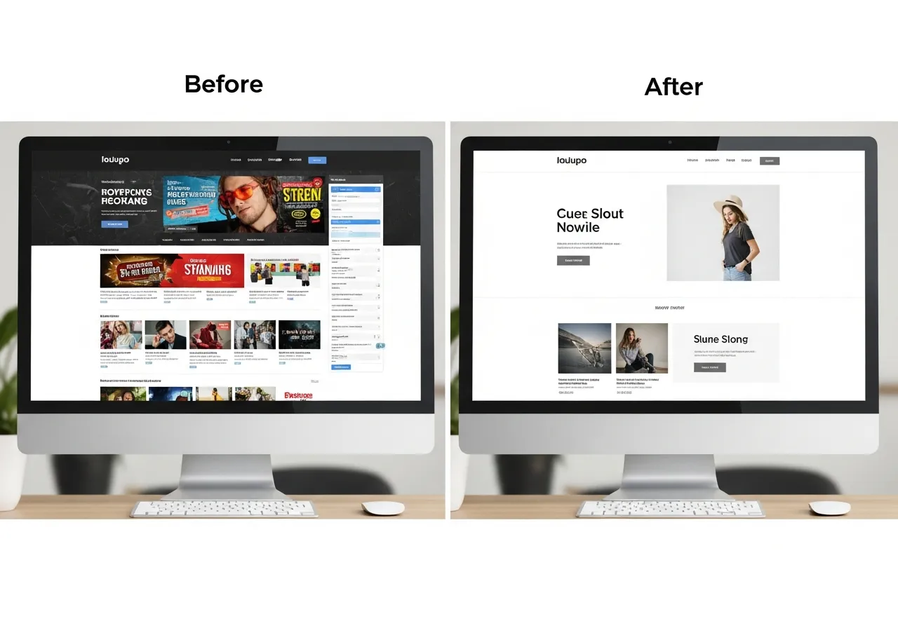 Before and after comparison showing cluttered versus clean website interface